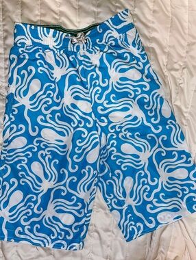 Lands’‎ End Octopus Board Shorts Swim Trunks 🌊🦑 Long Length Sz 10-12 EUC
